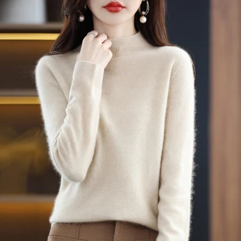 Кашемировый свитер из 100% шерсти мериноса, женский свитер с полувысоким вырезом, пуловер с длинными рукавами, осенне-зимний теплый пуловер-топ