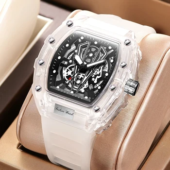 Классические мужские часы Bull люксового бренда, водонепроницаемые силиконовые кварцевые прозрачные мужские наручные часы Tonneau Montre Homme