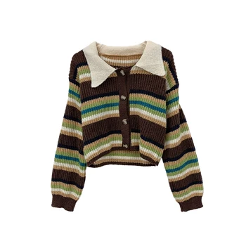 Корейский свитер в американском стиле в полоску контрастного цвета, трикотажная рубашка, Новая мода осени 2023, уникальные женские свитера Lazy