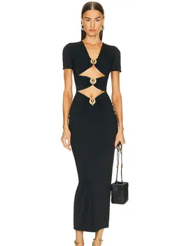 Летнее бандажное платье 2023, хорошее качество, женское, черное, с коротким рукавом и круглым вырезом, Макси-длинные платья знаменитостей для вечеринок в клубах