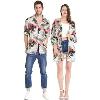 Летняя Новая одежда для пары, Пляжный отдых на Гавайях, рубашка с принтом тропических лиственных листьев кокосовой пальмы или свободное Кимоно