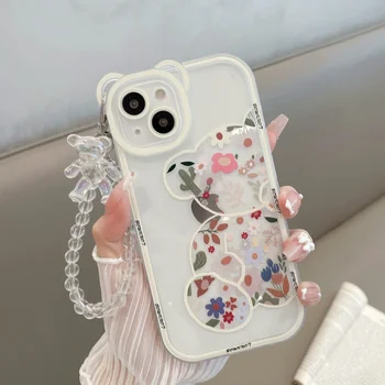 Милый Мультяшный браслет с 3D медведем, мягкий силиконовый Чехол Для Телефона iPhone 15 13 12 11 14 Pro Max XR X XS 6 7 8 Plus SE, Мини-Чехол с цветочным Рисунком
