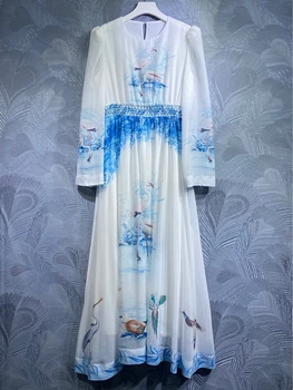 Модное дизайнерское длинное платье с цветочным принтом в виде животных, весна-лето, женское платье с эластичной талией, праздничное платье для отпуска