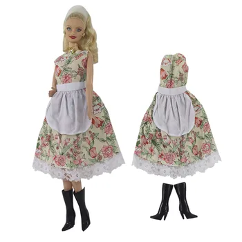 Модное платье французской горничной с цветочным кружевом, сапоги, наряды для куклы Барби, вечерние платья для кукол 1/6, Аксессуары для кукол, Детские игрушки