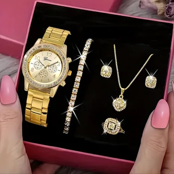 Модные женские часы, ювелирный набор, женские наручные часы с золотым ремешком, женские кварцевые часы, женские часы, наручные часы для женщин