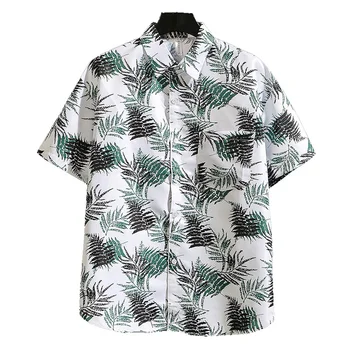 Мужская гавайская рубашка корейской моды с коротким рукавом и принтом в виде листьев, пляжные Гавайи на пуговицах для отдыха