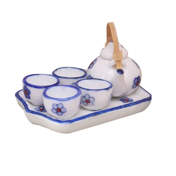 Набор чайных чашек в японском стиле в миниатюре 1: 12 / 6 шт. Керамическая посуда, Чайник, Кухонные принадлежности для кукольного домика