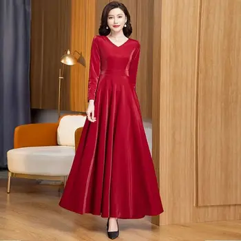 Новейшая мода 2023 года, осеннее бархатное платье Макси, женское зимнее длинное вечернее платье, Женское Велюровое Элегантное платье трапециевидной формы для женщин V213