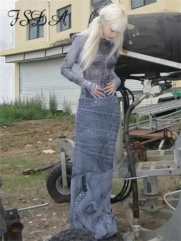 Облегающее платье Миди с сетчатым джинсовым принтом FSDA, женское осеннее сексуальное прозрачное платье Y2K, уличная одежда для вечеринок