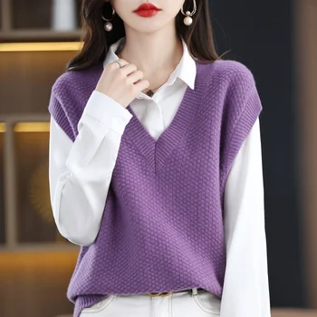 Осенне-зимняя женская новая модная однотонная жилетка из 100% шерсти с V-образным вырезом, пуловер, модная легкая блузка