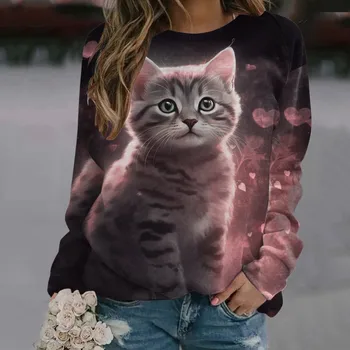 Осеннее женское пальто с 3D рисунком милого кота, круглым вырезом и длинным рукавом, Свободный универсальный пуловер, повседневная ретро-сексуальная женская толстовка с капюшоном