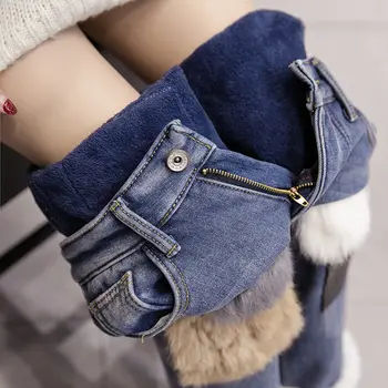 Плюс Бархатные Толстые женские джинсы с высокой талией, осень-зима, сшитые из кроличьего меха, прямые джинсы, женские джинсовые брюки, Зимние джинсы 2021 года