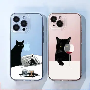 прозрачный мягкий чехол для телефона с изображением черного забавного кота для iphone 11 13 12 14 x xs xr pro max mini plus