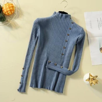 Пуловер, свитер, Женская одежда 2023, Зимний однотонный женский вязаный топ в рубчик с круглым вырезом и пуговицами, Тонкий Элегантный эластичный свитер