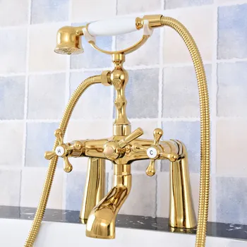 Роскошный латунный смеситель для ванной комнаты золотого цвета, установленный на бортике, с двумя ручками, ручной душ в телефонном стиле, наполнитель для ванны на ножках-когтях atf785