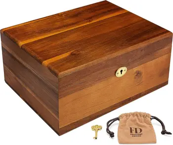 Ящик для хранения с откидной крышкой и запирающимся ключом - Большой Сундук на память из акации премиум-класса с матовой отделкой - Храните украшения, игрушки и сувениры.